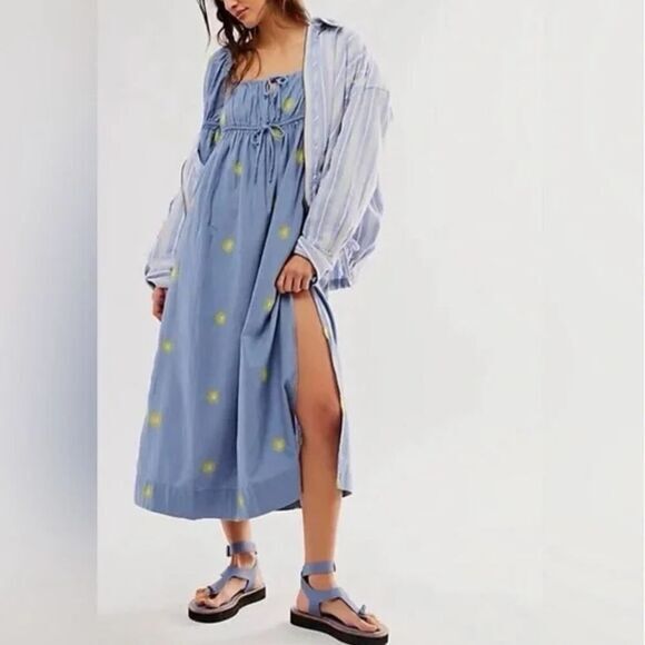 New! Free People Emory Embroidered Sun Midi‎ Dress blue, size S - Picture 2 of 16
